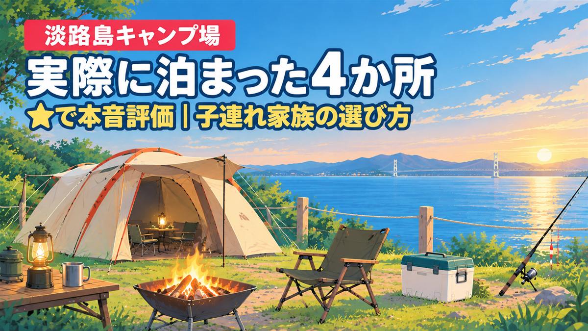 海が見える淡路島のキャンプサイトにテントと焚き火、釣り竿。淡路島キャンプ場 実際に泊まった4か所 ★で本音評価