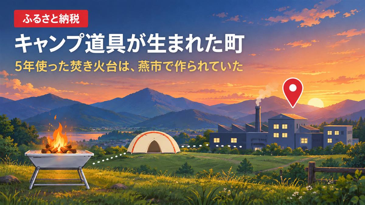 夕暮れのキャンプサイトの焚き火台とテント、遠くに町工場の町。ふるさと納税 キャンプ道具が生まれた町 5年使った焚き火台は、燕市で作られていた