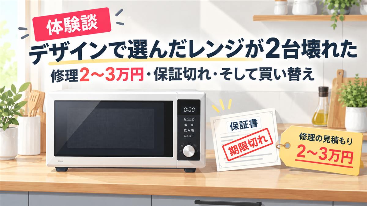 キッチンに置いた電子レンジと、期限切れの保証書、修理の見積もり2〜3万円の札。体験談 デザインで選んだレンジが2台壊れた